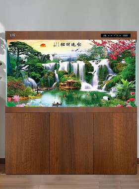 鱼缸背景贴纸3d立体高清图5d水族箱流水生财造景装饰画山水画壁纸