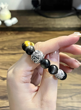 天然黑曜石手串虎眼石银曜石手链