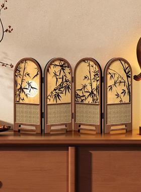 小屏风摆件中古风竹子新款桌面摆台画 画折叠折屏高级感电视柜装