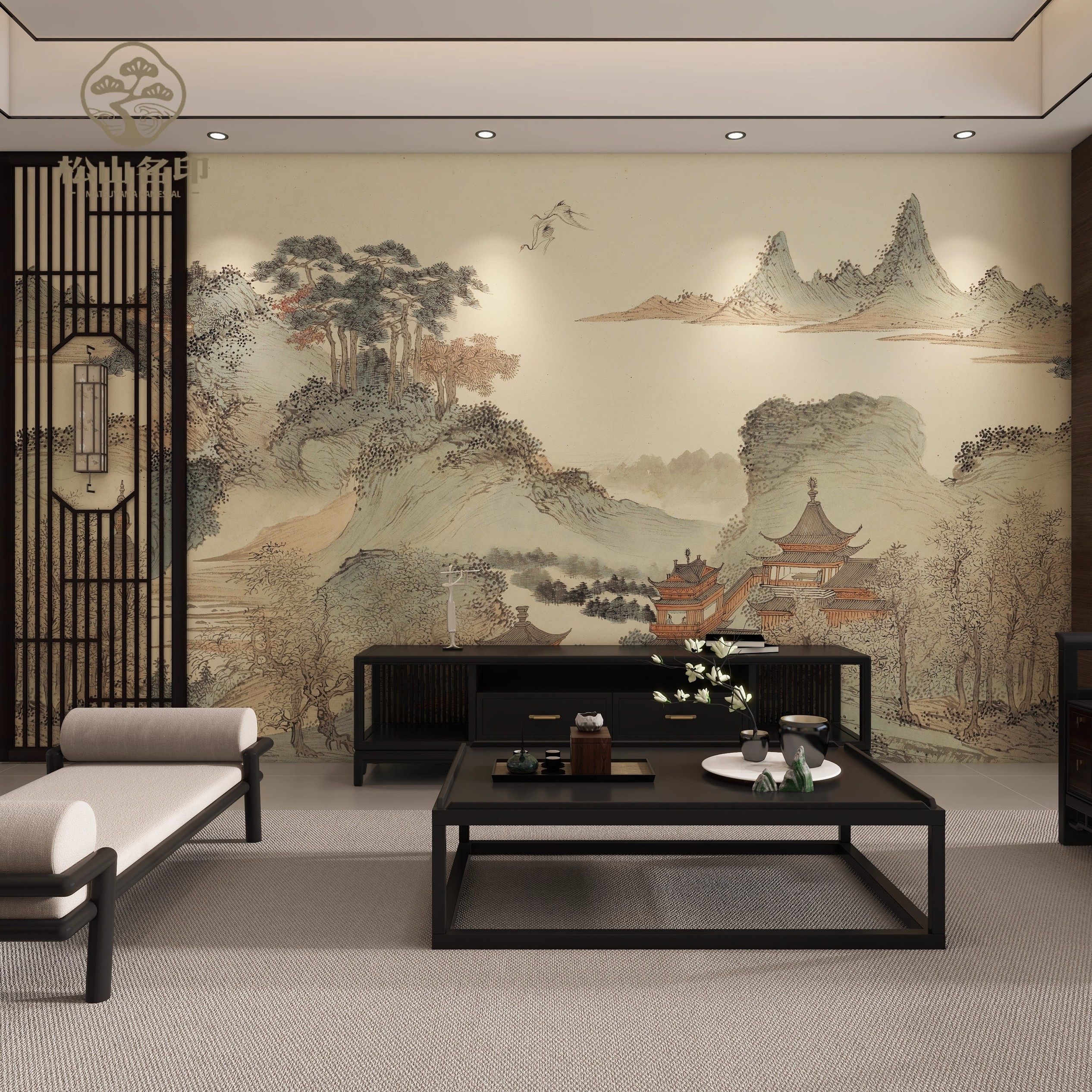 新中式复古水墨山水楼阁壁布壁纸客厅酒店背景茶室工装装饰背景,淘宝优惠券,粉丝福利购,淘宝优惠卷