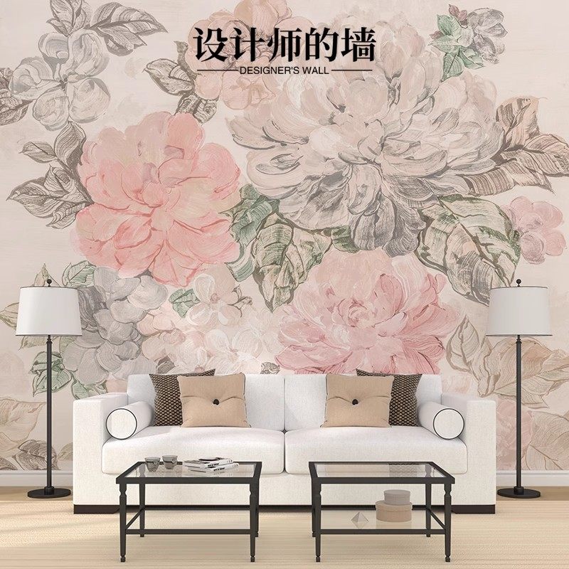 美式手绘牡丹花朵壁纸网红客厅卧室电视背景墙壁布壁画无缝8D墙布,淘宝优惠券,粉丝福利购,淘宝优惠卷