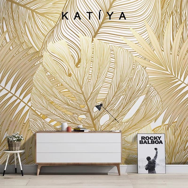 Katiya北欧轻奢金色叶子墙布电视背景墙东南亚卧室酒店壁纸定制画,淘宝优惠券,粉丝福利购,淘宝优惠卷