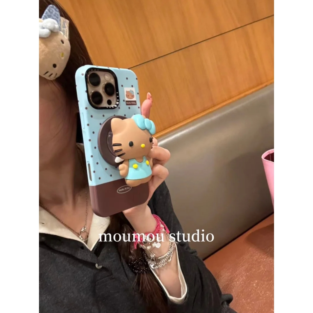 MOMOMOSTUDIOS秋冬ins可爱蓝棕波点KT猫磁吸支架适用iPhone16promax新款15pro苹果手机壳14pro磨砂13防摔硬壳 - 图1