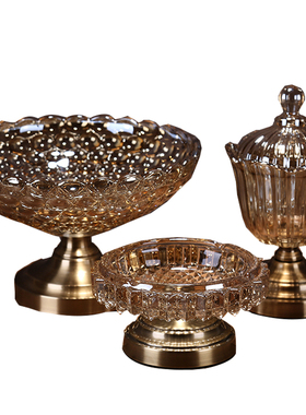 新中式果盘烟灰缸糖果罐套装样板房欧式家居装饰摆件水晶古典果盘