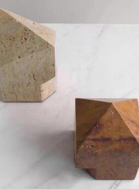 现代轻奢大理石黄洞石抽象几何软装饰品样板间客厅侘寂风桌面摆件