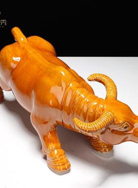 唐肖三彩陶瓷风水牛低头喝水牛卫生厨17037房水工牛艺品生牛黄牛