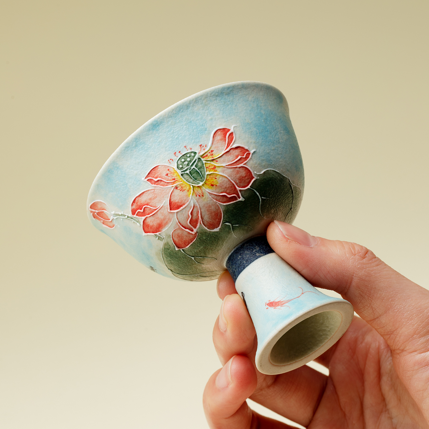 里作 手绘蓝汀粉莲仿宋高足主人杯焦糖釉复古茶盏茶杯釉下彩茶具 - 图1