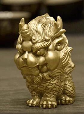 全铜招财麒麟桌面小摆件男士书房镇纸茶宠文玩独角手把件送礼装饰