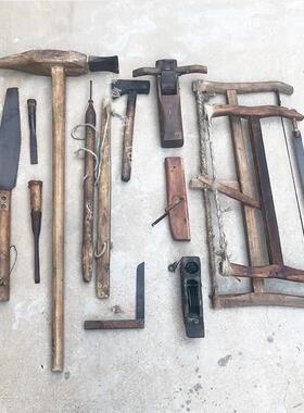 民俗怀旧老物件鲁班木匠工具传统旧木锯木钻老墨斗80年代摆件覆古