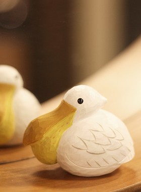 鹿妖商店 鹈鹕灌顶 木雕小鸟 肥啾 礼物 网红 纯手工实木桌面摆件