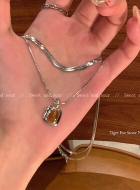 美拉德双层虎眼石项链女高级设计感小众百搭蛇骨链甜酷颈链锁骨链