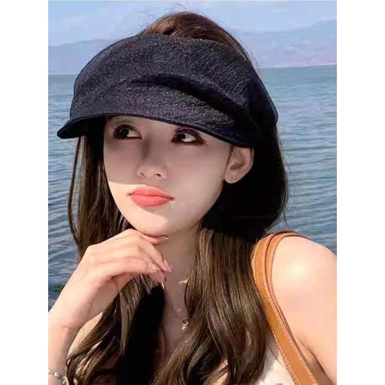 2025新款网纱帽子褶皱黑色空顶防晒帽女夏季防晒遮阳帽出游太阳帽,淘宝优惠券,粉丝福利购,淘宝优惠卷