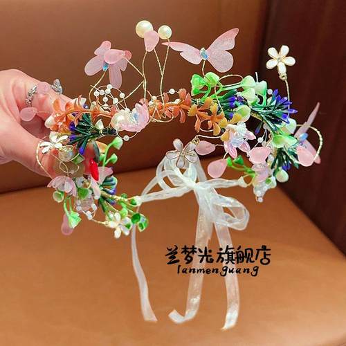 森系儿童皇冠头饰公主花环飘带超仙发箍花童婚礼头花头箍发饰发卡 - 图3