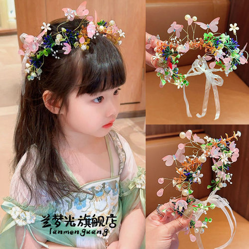 森系儿童皇冠头饰公主花环飘带超仙发箍花童婚礼头花头箍发饰发卡 - 图0
