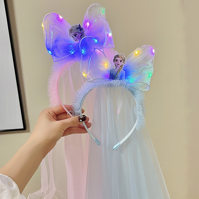 儿童发光网纱发箍女童艾莎公主头箍小女孩超仙带灯头饰蝴蝶结发卡 - 图0