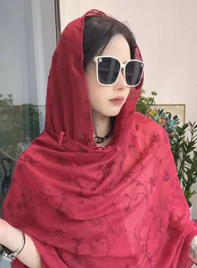 高定刺绣薄款防晒丝巾女夏季旅游