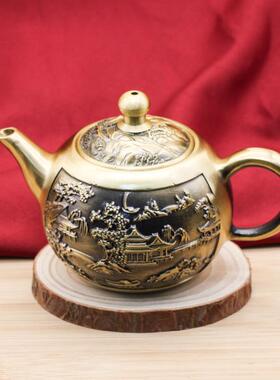 黄铜八骏马手把壶摆件小茶壶黄铜茶壶工艺品茶具仿古侧把酒壶家用