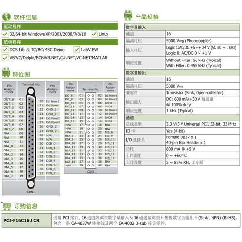 全新PCI-P16POR16泓格16路Photo MOS继电器输出光隔数字量输入卡 - 图1