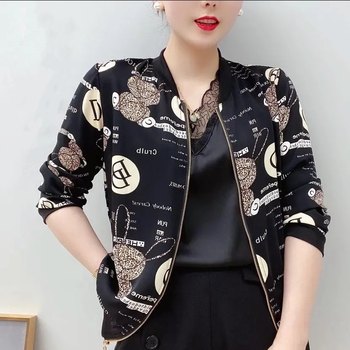 Mom's Chiffon Print Fashion Cardigan Long Sleeve Jacket 2024 Spring New Size Loose Versatile Baseball Wear