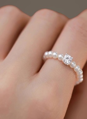 LADYB方糖锆石米粒珍珠戒指女