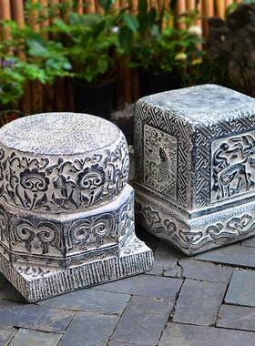 仿石雕中式庭院装饰大门口落地摆件仿古凳底座石鼓门墩石墩子花盆