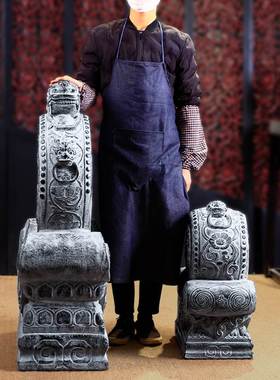 别墅庭院店面大门口摆件石鼓石雕青石仿古门墩抱鼓石一对狮子衔环