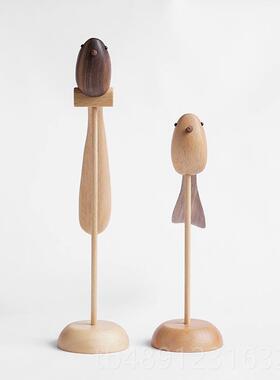 正品北欧实木小鸟摆件原木样办工公室软装雕装饰艺品板房电视书柜