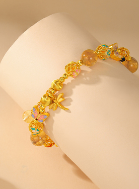 金六福吉祥蝴蝶蜻蜓手链纯银转运珠绣球流苏女款黄水晶手串送女友