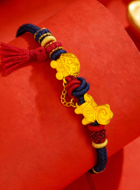 金六福吉祥足银招财小马车手串情侣款本命红色编绳款手链送女友