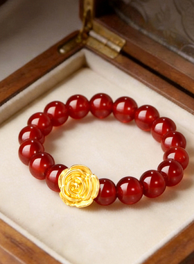 足金玫瑰红玛瑙戒指黄金女戒