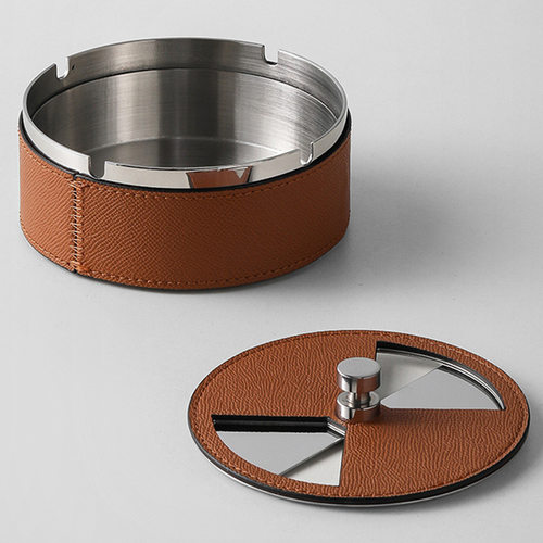 现代轻奢金属不锈钢皮革烟灰缸样板间办公室客厅高级感装饰品摆件 - 图1