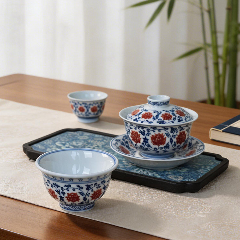 Classic blue and white underglaze red lotus kung fu tea set