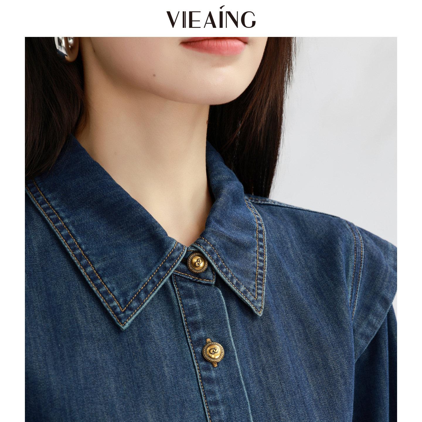 VIEA.ING薇迎商场同款蓝色牛仔衬衫女2026春季新款韩系气质上衣,淘宝优惠券,粉丝福利购,淘宝优惠卷