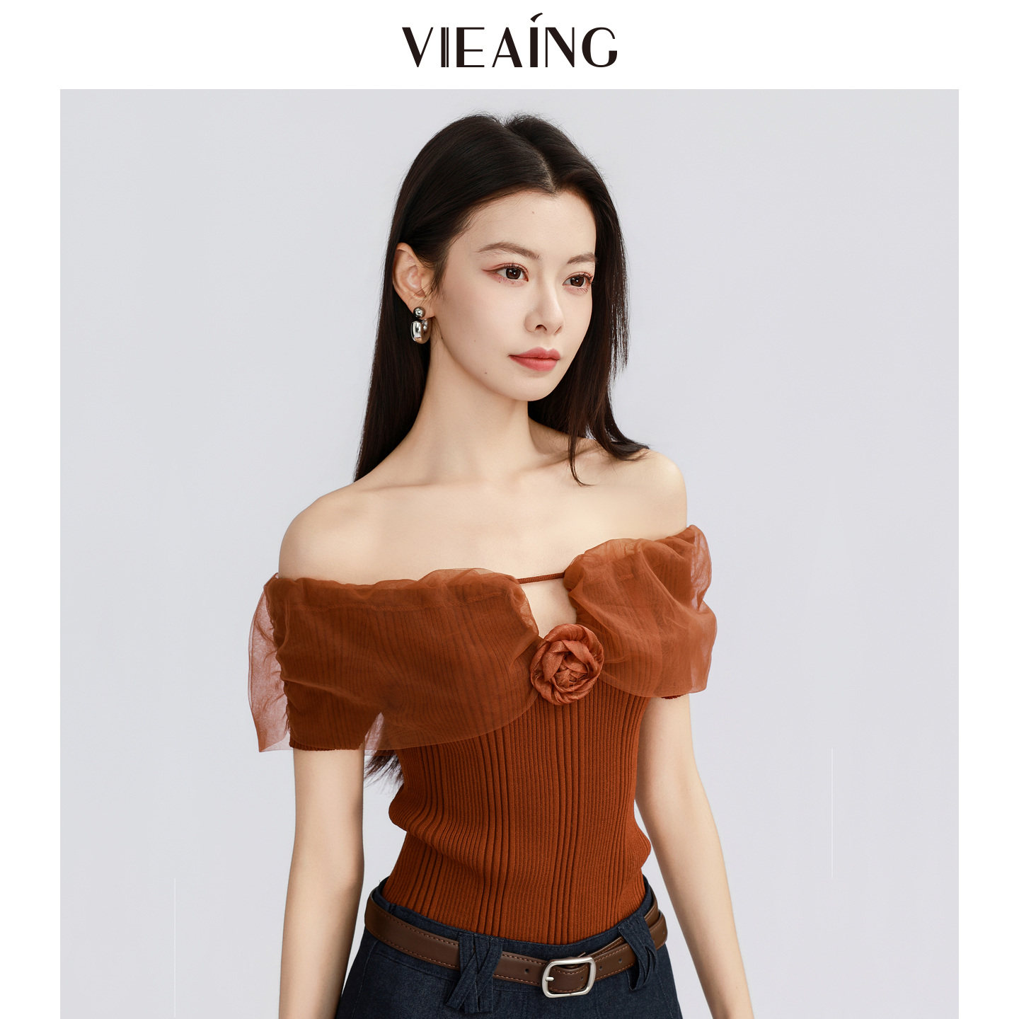 VIEA.ING薇迎商场同款短袖针织衫女2026夏新款短款一字肩韩系上衣