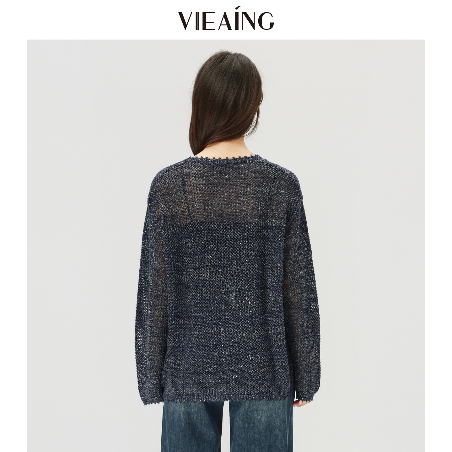 VIEA.ING薇迎商场同款镂空针织衫女2025冬新款毛衣含羊毛亮片上衣 - 图2