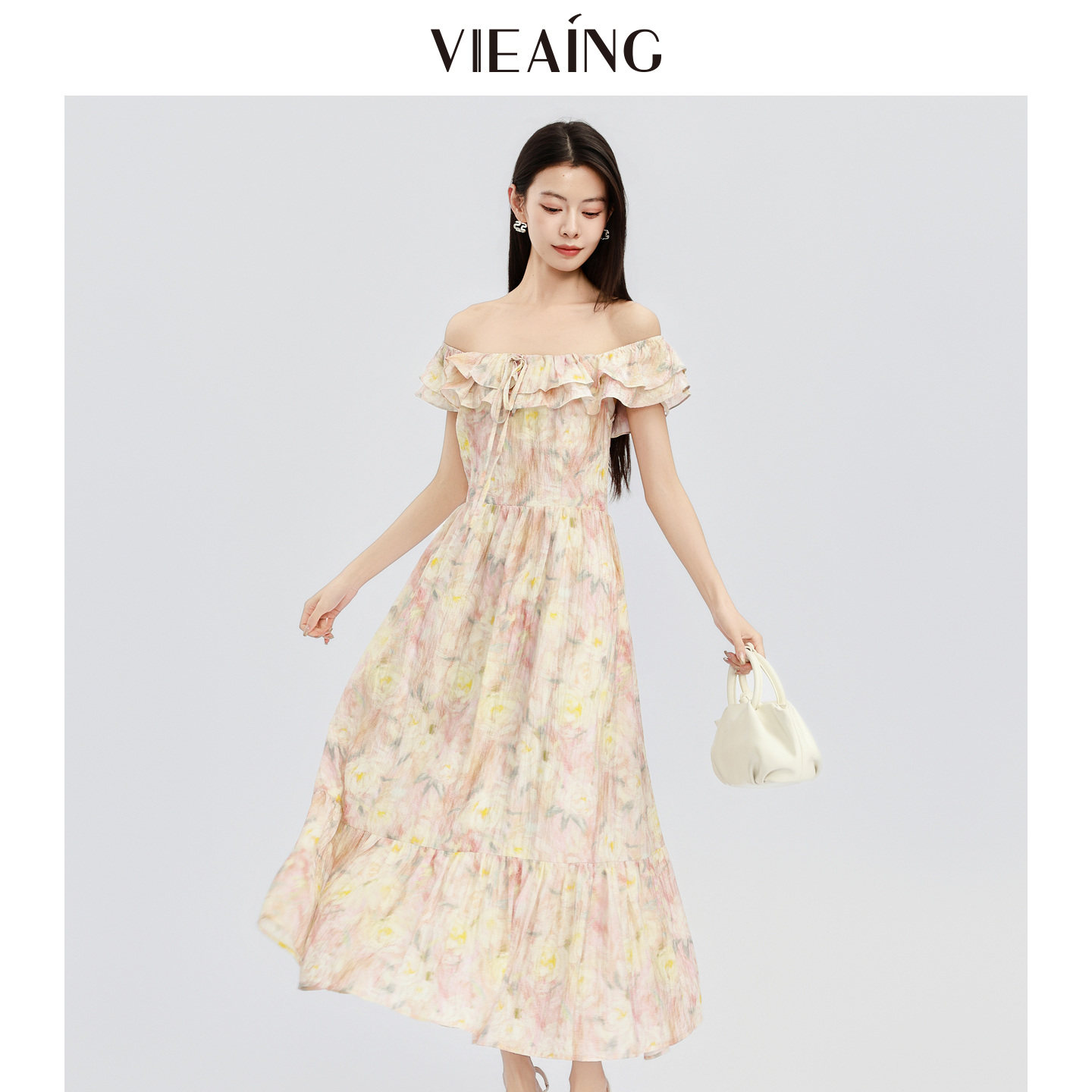 VIEA.ING薇迎商场同款法式度假连衣裙女2026夏一字肩海边裙子长裙 薇迎实拍商品图
