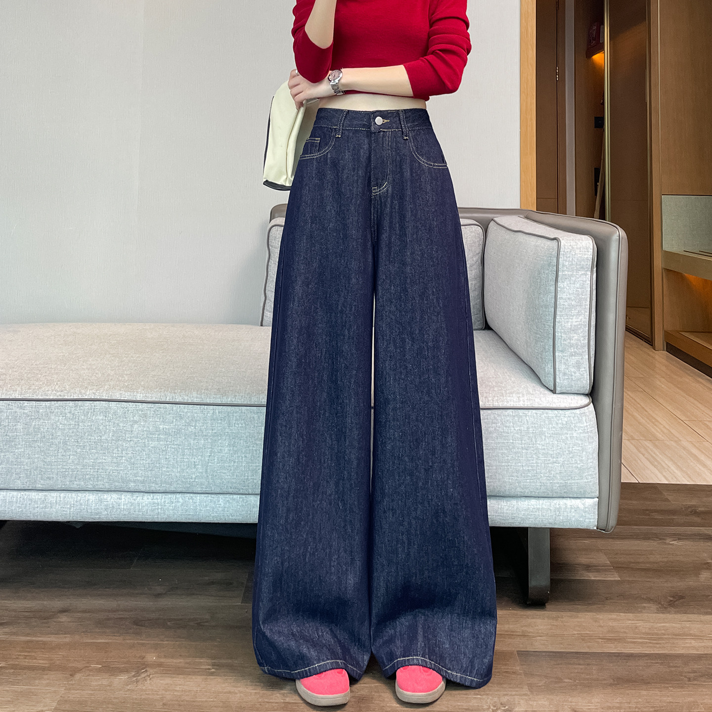 蜜糖之城丹宁深蓝色阔腿牛仔裤女秋季宽松慵懒女高腰垂感拖地裤子,淘宝优惠券,粉丝福利购,淘宝优惠卷