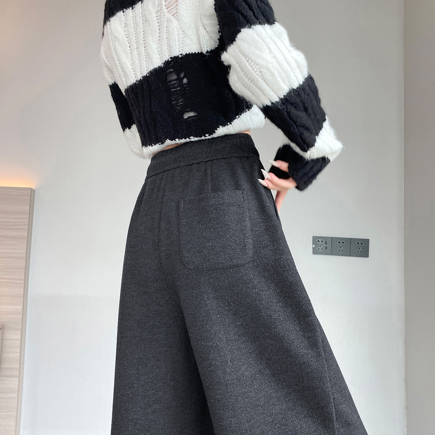蜜糖之城羊绒糯米裤女冬高腰显瘦垂坠感软糯小个子加绒咖色阔腿裤 - 图3
