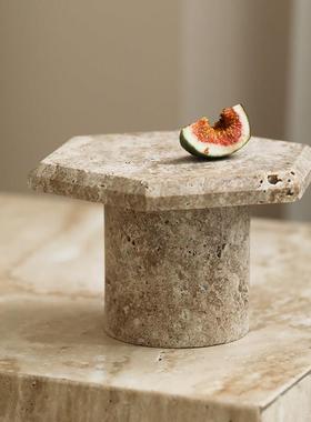 侘寂风创意黄洞石装饰摆件复古欧式收纳托盘高脚置物盘蛋糕水果盘