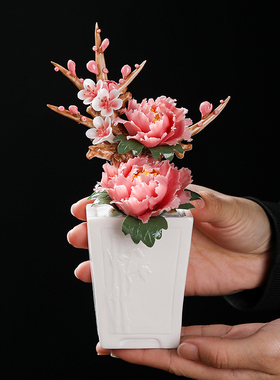 花开富贵陶瓷手工仿真牡丹花盆栽工位小摆件客厅装饰博古架工艺品