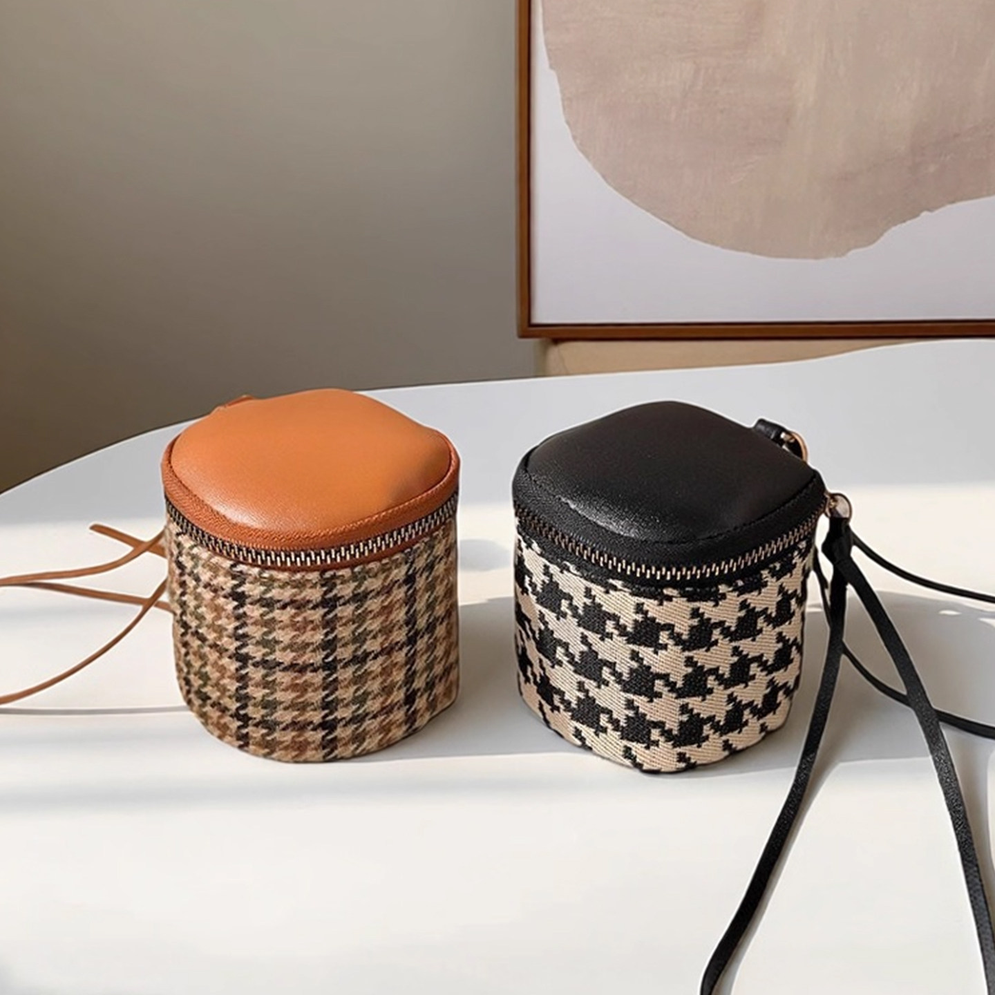 千鸟格帆布迷你水桶包女生高级拉链钱包百搭口红包化妆包手拎小包,淘宝优惠券,粉丝福利购,淘宝优惠卷