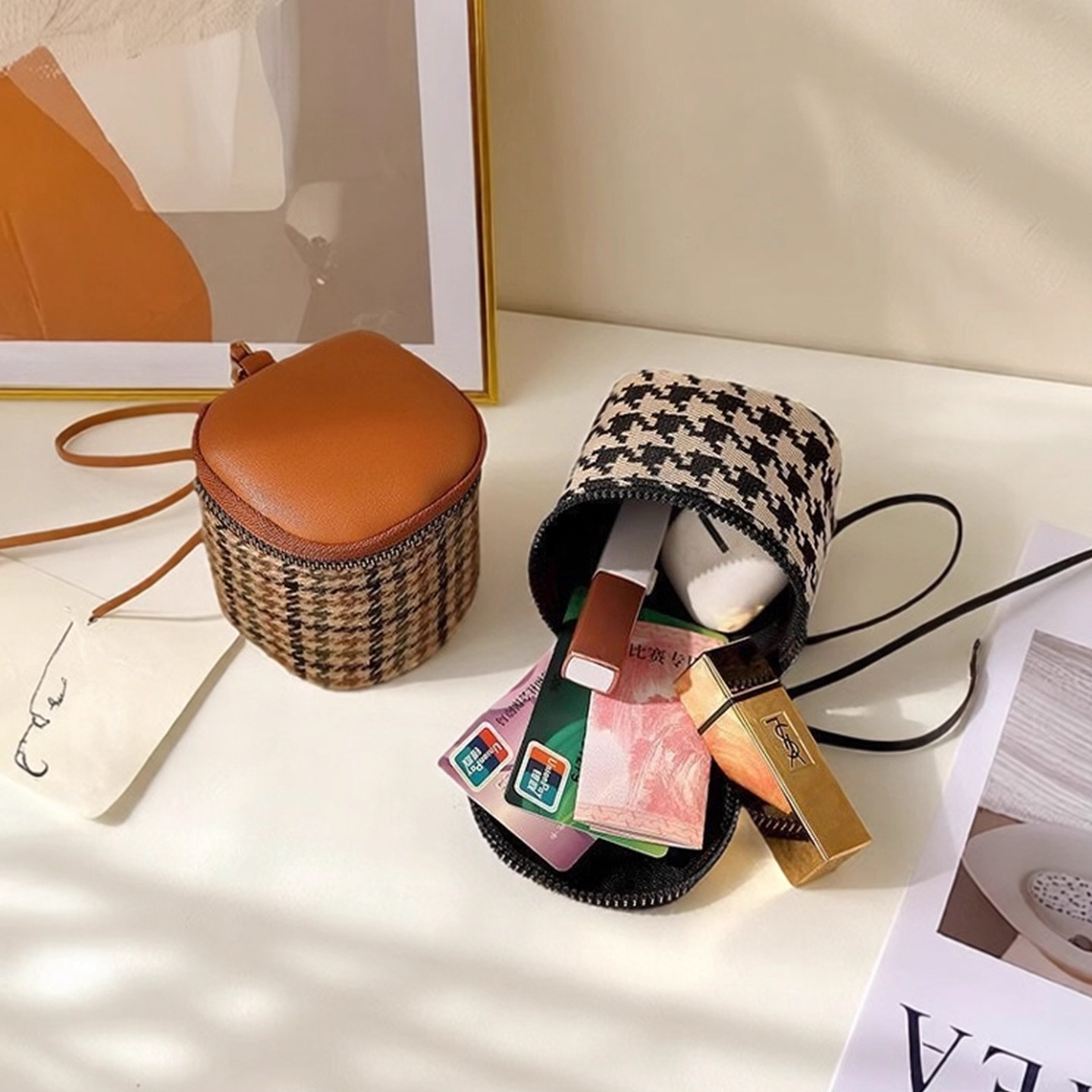 千鸟格帆布迷你水桶包女生高级拉链钱包百搭口红包化妆包手拎小包,淘宝优惠券,粉丝福利购,淘宝优惠卷