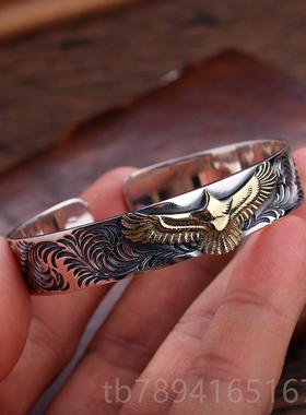 高档S925银男古手工银高桥吾复郎风格老鹰唐草饰男潮人个性士手镯