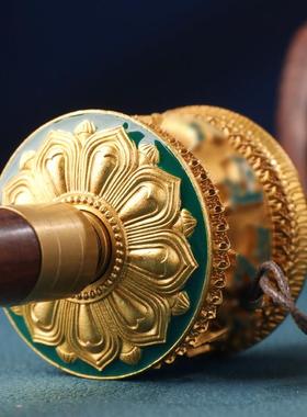 藏式八吉祥绿度母手摇转轮铜制彩绘立体浮雕双轴承桌面装饰品摆件