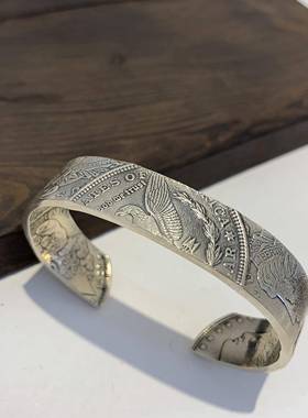 正品不同银匠原 创925纯银摩银根币宽版开口手复古字母男镯女手工