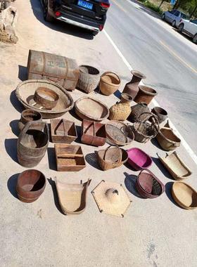 民俗老物件竹编篮子木筐提筐木桶斗笠簸箕怀旧复古传统工艺品摆件