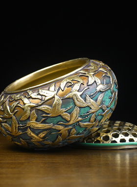 纯黄铜祥云仙鹤香炉摆件