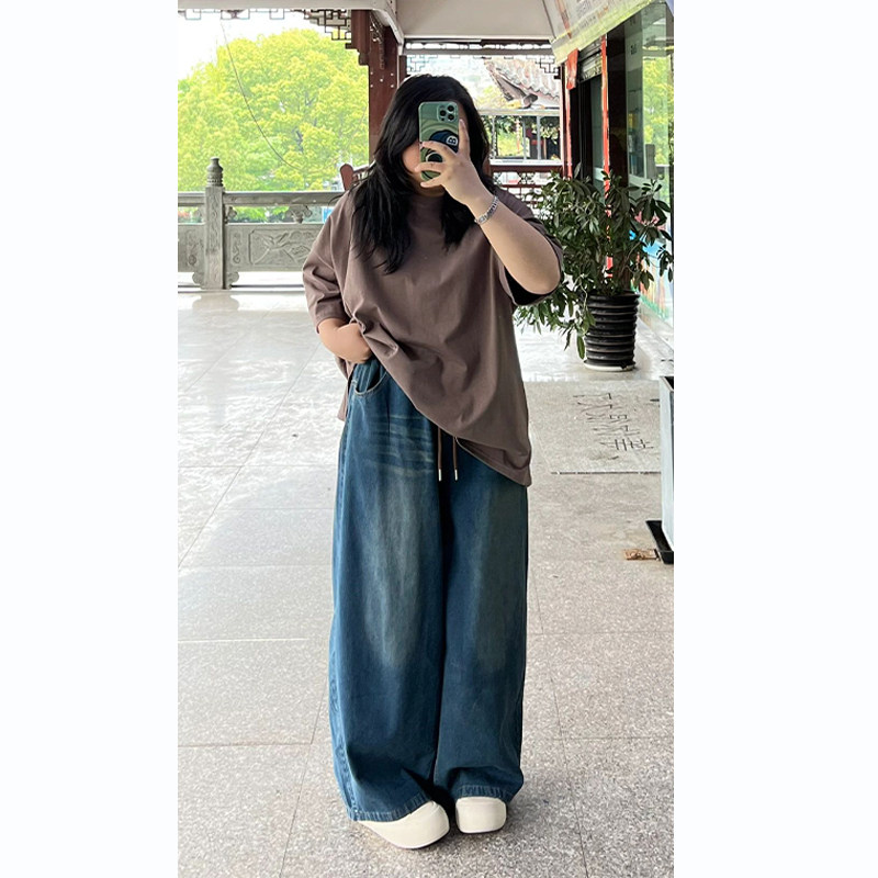 大尺码胖mm美i式复古直筒牛仔裤女梨型身材松紧腰宽松遮肉显瘦长,淘宝优惠券,粉丝福利购,淘宝优惠卷