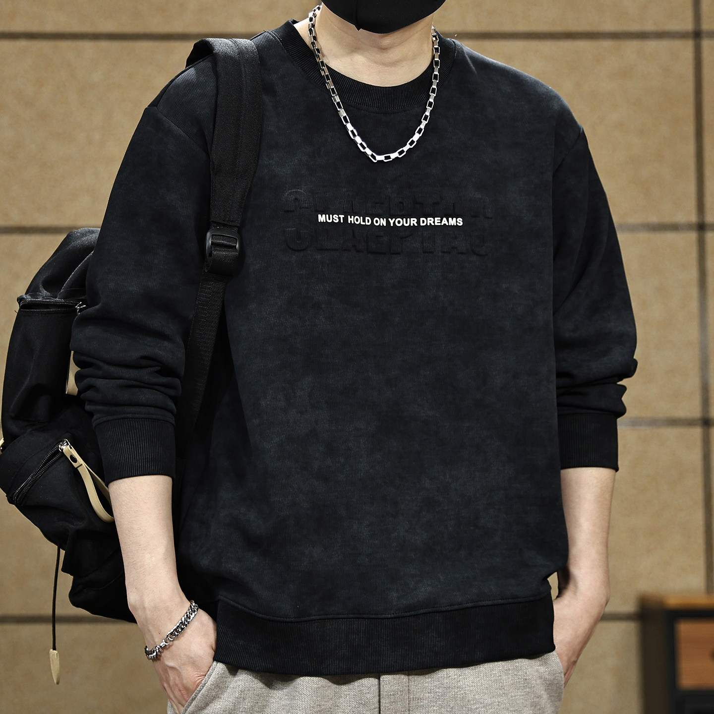 320g重磅美式钢印压花圆领卫衣男士早春新款宽松大码仿洗水上衣潮,淘宝优惠券,粉丝福利购,淘宝优惠卷