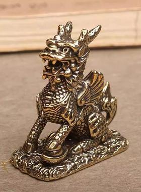 纯黄铜招财公母一对麒麟摆件镇宅吉祥物办公室客厅家居工艺装饰品